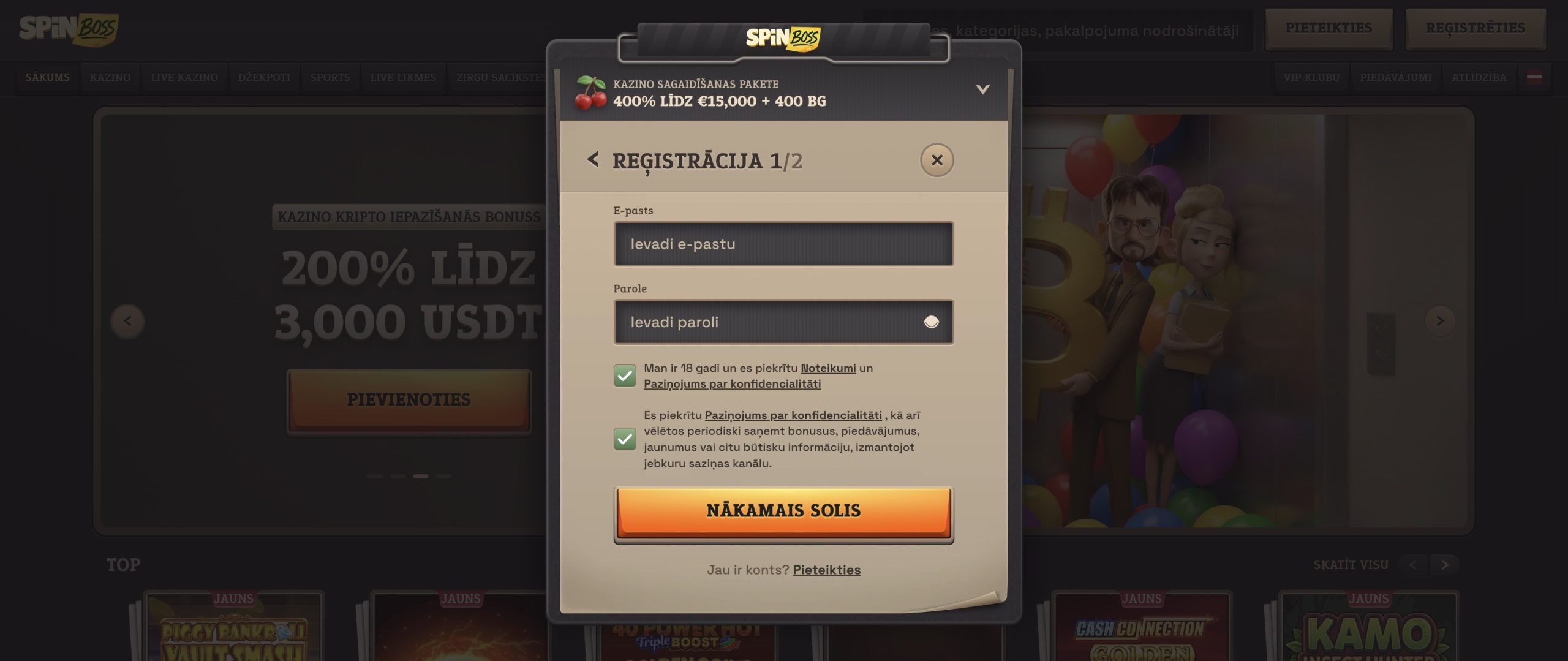 SpinBoss reģistrācija